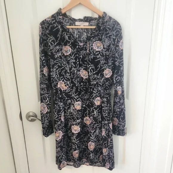 LOFT Black and Pink Floral Long Sleeve Trimmee Dress Small - Picture 2 of 7